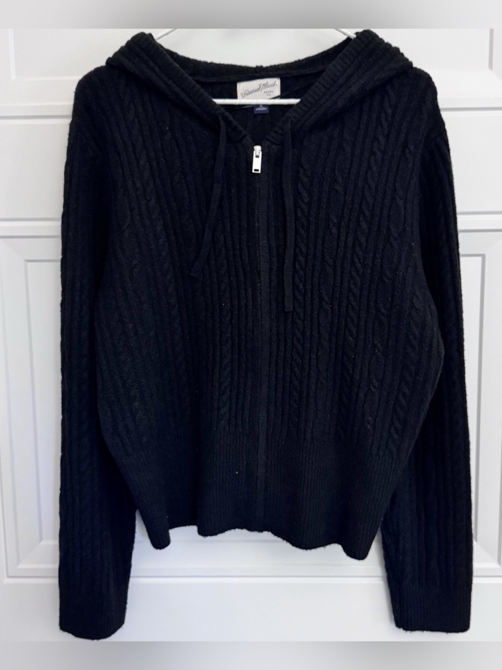 Universal Thread Cable Knit Zip Hooded Cardigan Black, M